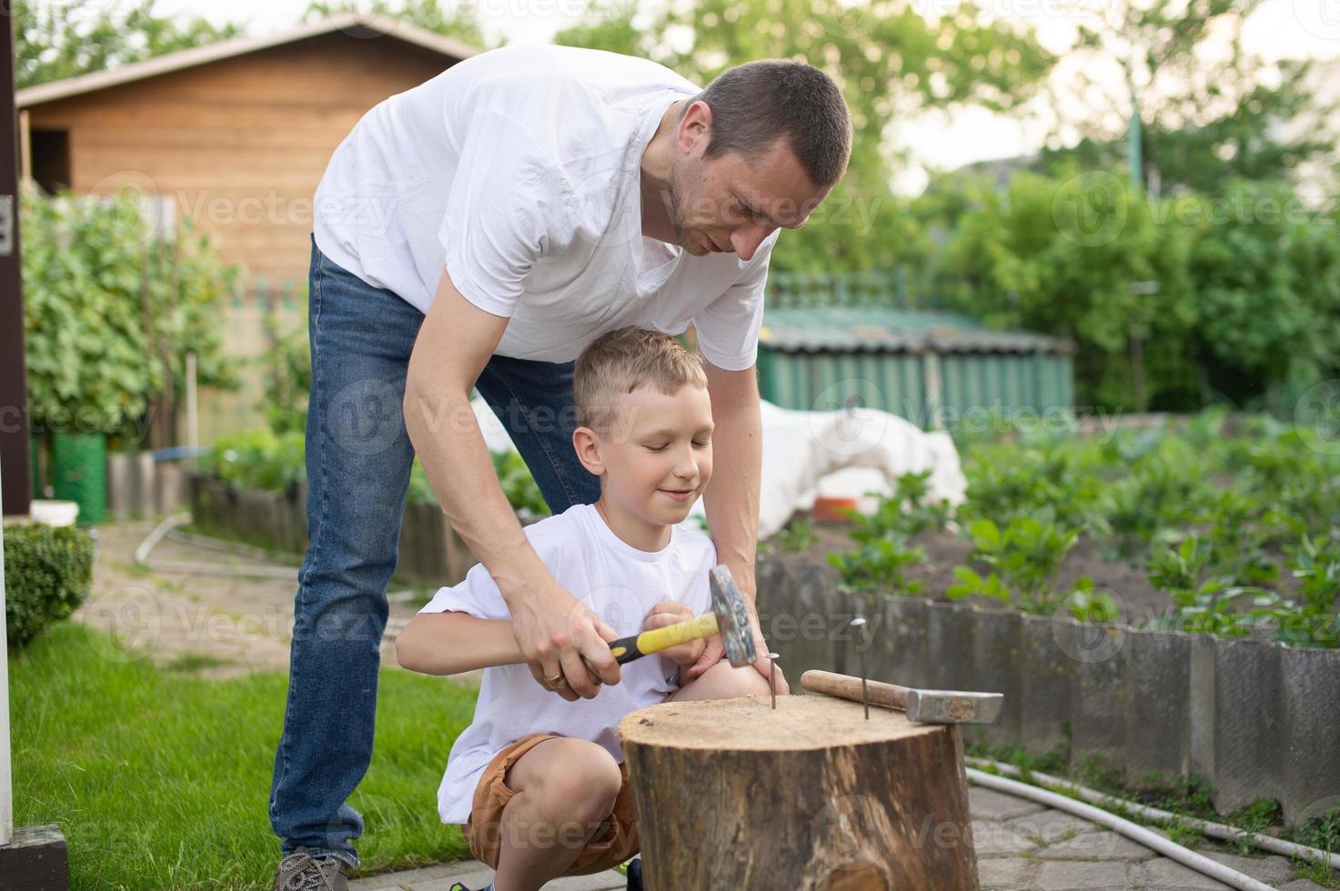 papà insegna il suo figlio per martello Chiodi in un' albero foto