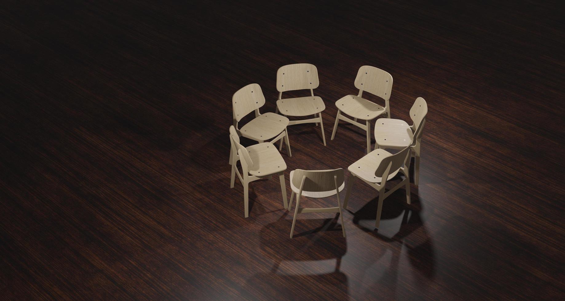 Illustrazione 3D di sedie vuote preparate per la terapia di gruppo foto