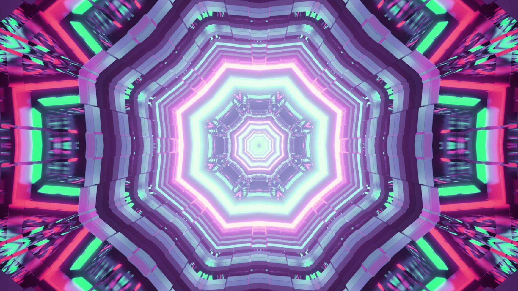 Neon colorato tunnel 3d illustrazione con ornamento geometrico foto