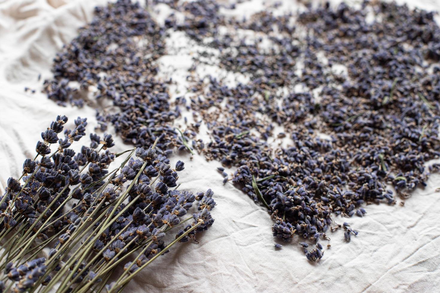 lavanda fiori su un' beige biancheria tessuto foto