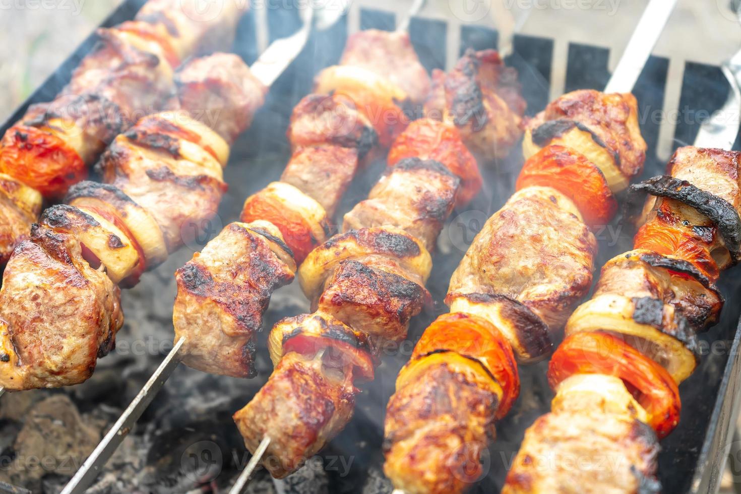 grigliato fritte Maiale carne, pezzi di carne su spiedini. foto