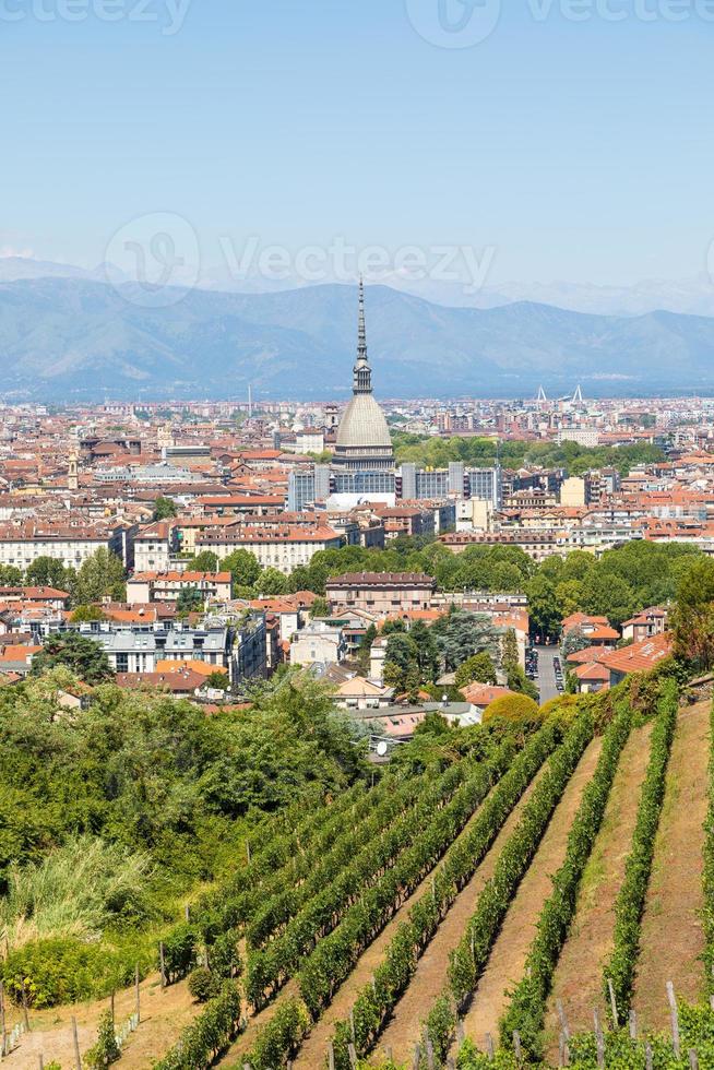 Torino, Italia - panorama con Talpa antonelliana monumento, vigneto e Alpi montagne foto