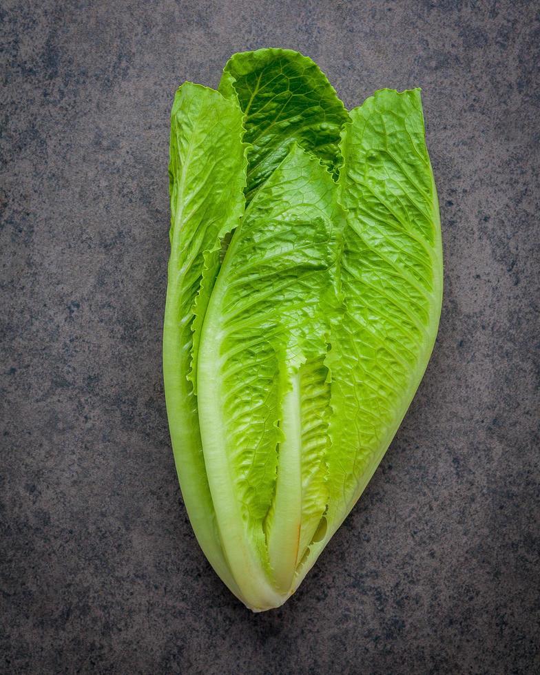 foglie di lattuga verde su sfondo grigio scuro foto