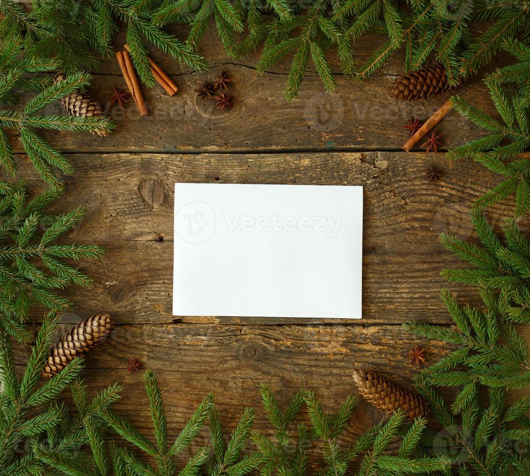 Natale albero ramo con coni, cannella bastoni e dittano su di legno sfondo con copyspace foto