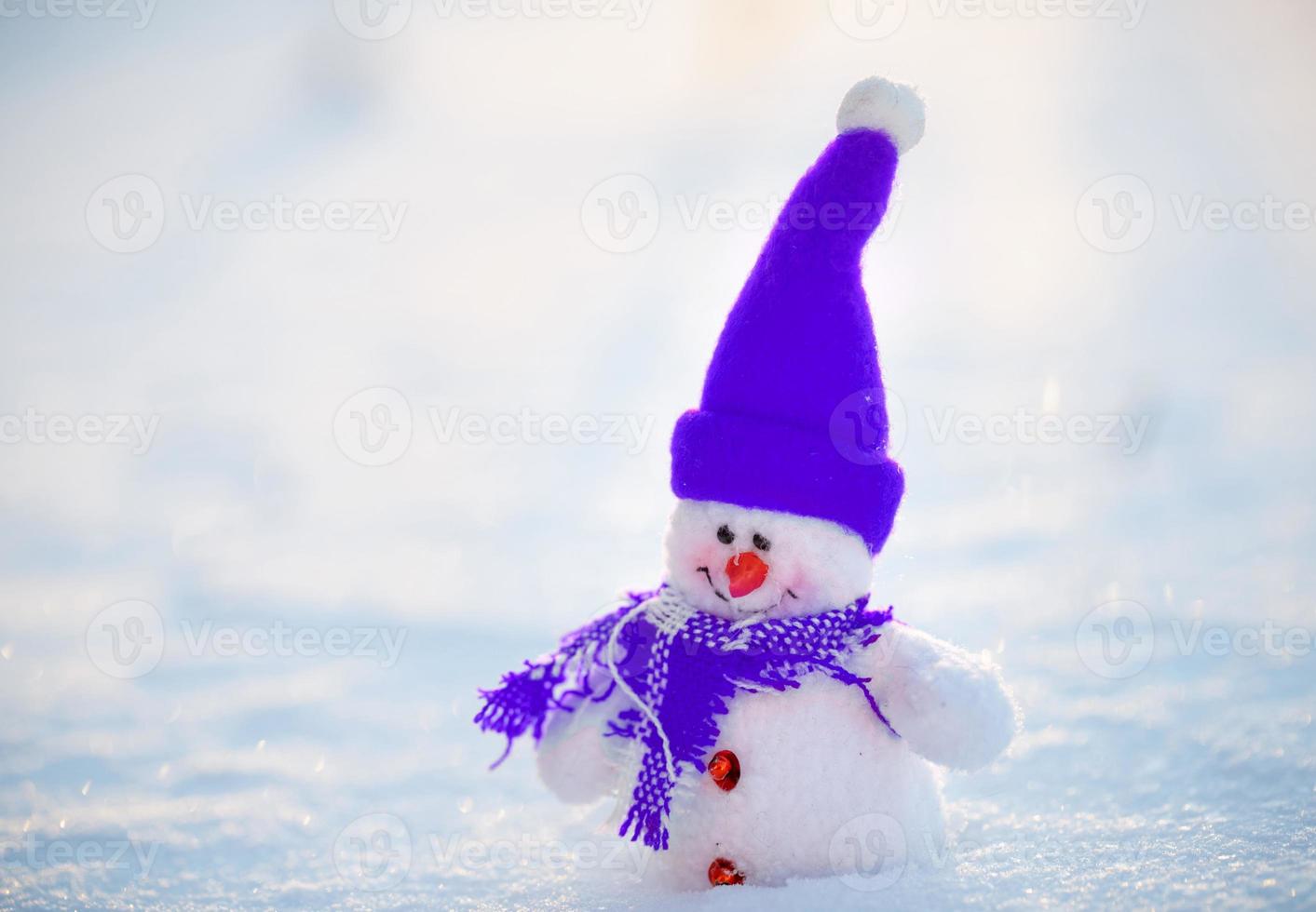 pupazzo di neve felice in piedi nel paesaggio invernale di Natale foto