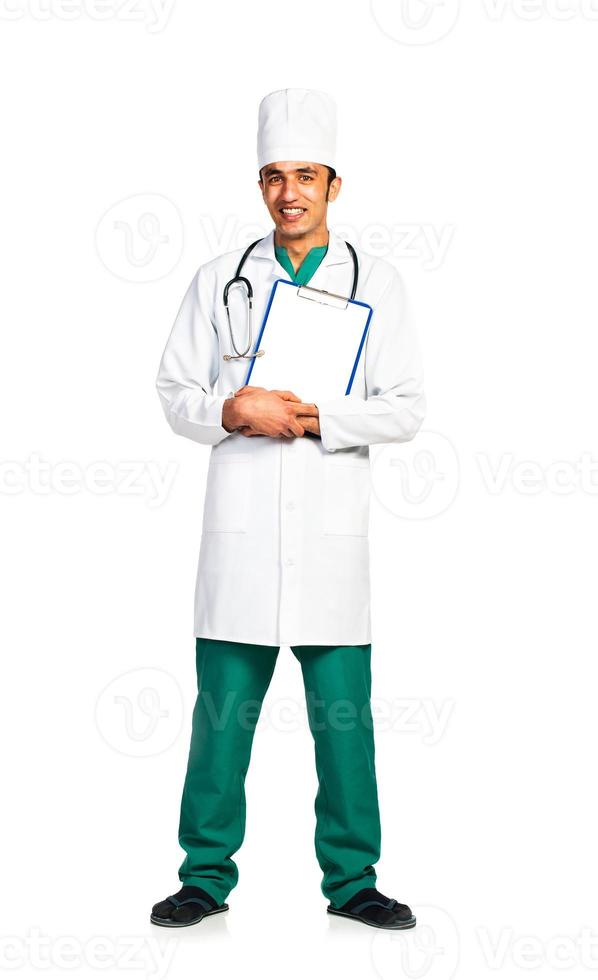 ritratto di medico con Salute disco su bianca sfondo foto