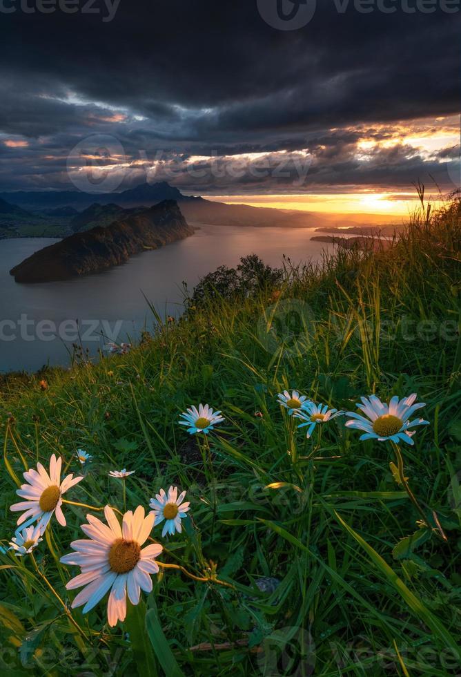 un' montagna paesaggio prospiciente un' lago durante il tramonto foto