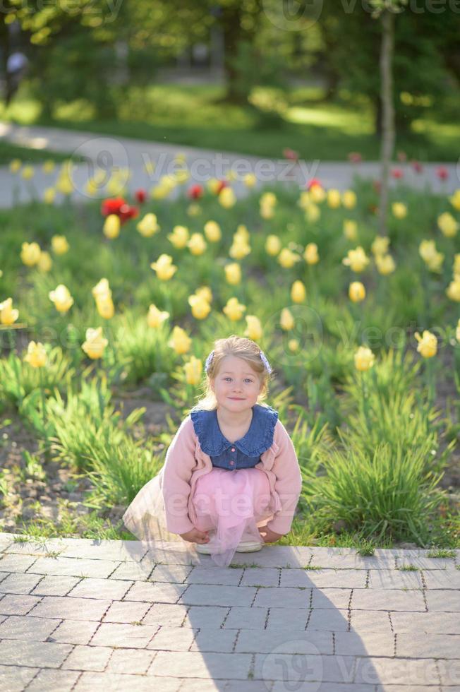 un' poco ragazza 3 anni vecchio passeggiate nel il parco nel un' vestito e un' rosa maglione. foto