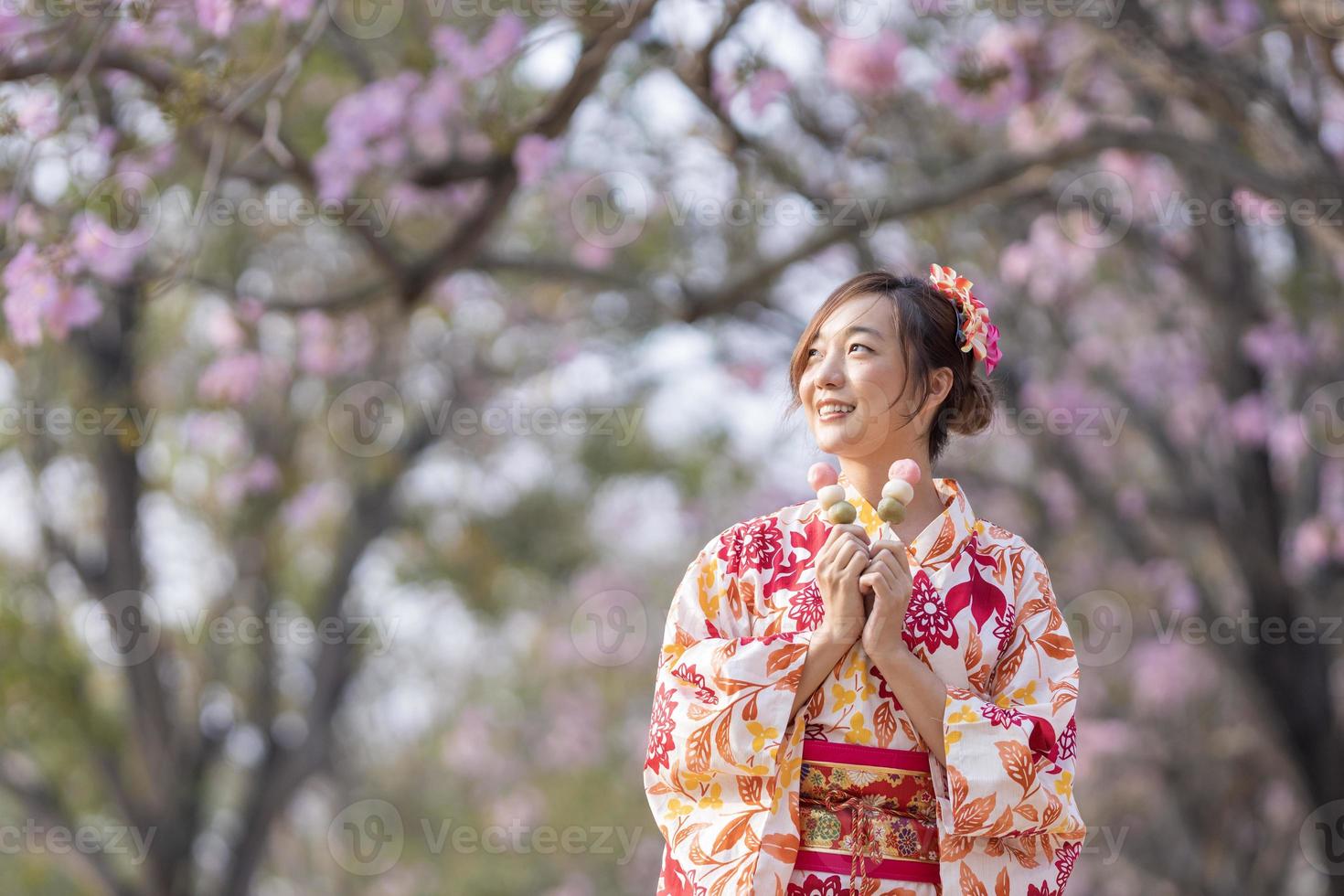 giapponese donna nel tradizionale chimono vestito Tenere dolce hanami dango dolce mentre a piedi nel il parco a ciliegia fiorire albero durante primavera sakura Festival con copia spazio foto