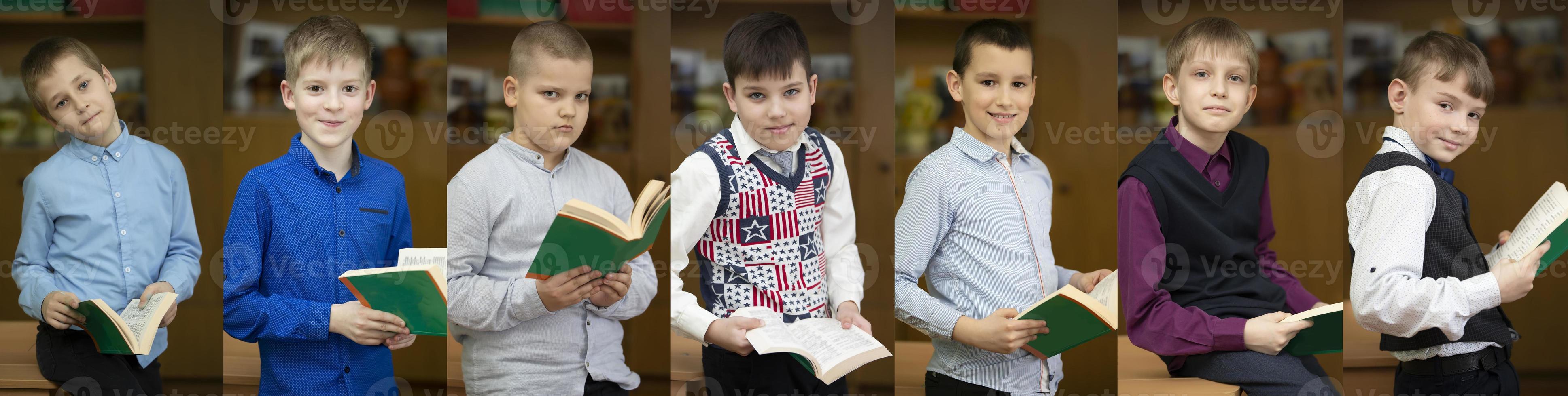 un' collage di ritratti di un' scolaro, mezzo scuola studenti con un' libro. foto