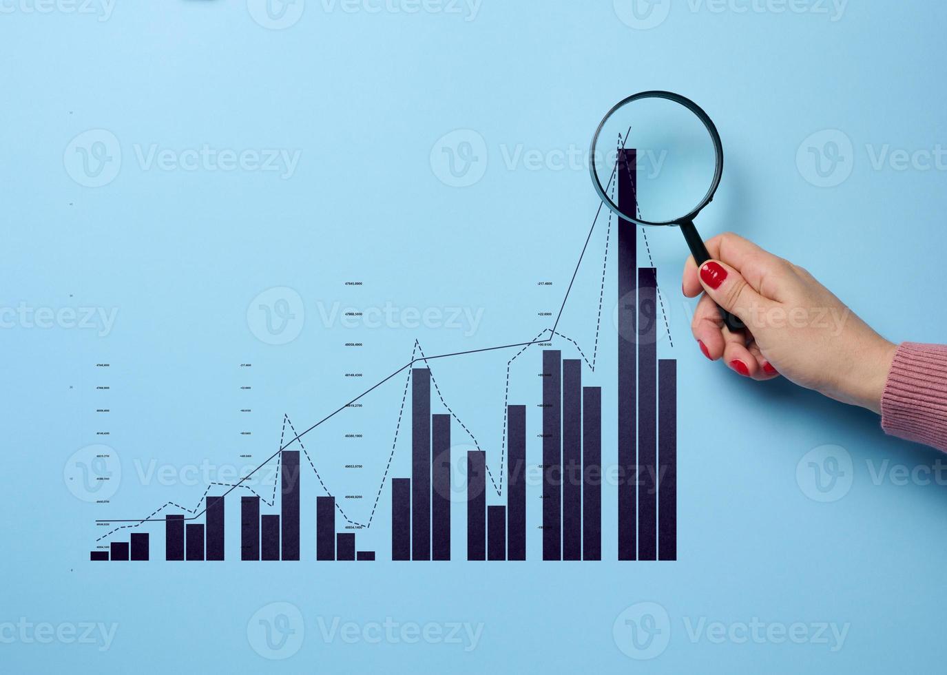 un' donna di mano detiene un' ingrandimento bicchiere e un' grafico con in crescita indicatori, studiando dati, analizzando statistica foto