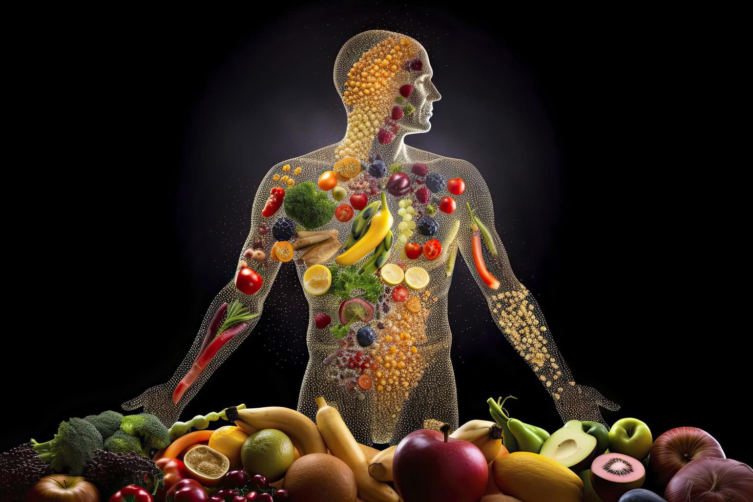 schema di un' umano con bulloni di energia in esecuzione attraverso il corpo, il corpo è circondato di frutta foto