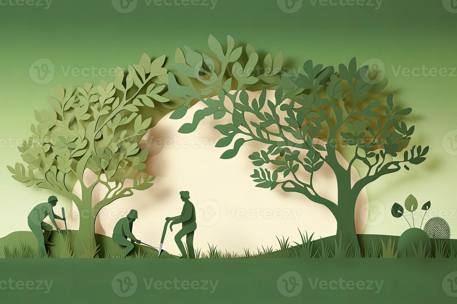 pergolato giorno striscione. carta tagliare illustrazione di Due adulto sagome piantare un' piccolo albero nel natura per più verde il mondo ambiente foto