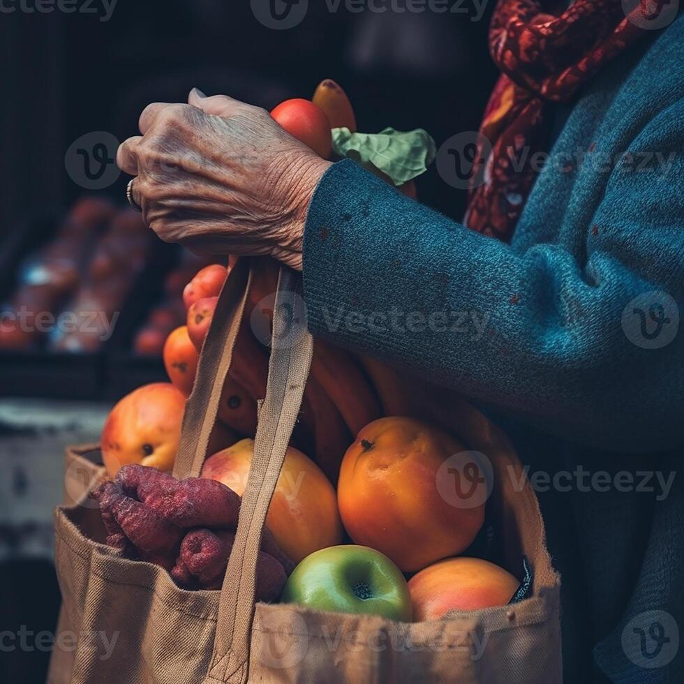 donna le foglie il mercato con un' cestino o un' grande pacchetto pieno di frutta e verdure. generativo ai foto