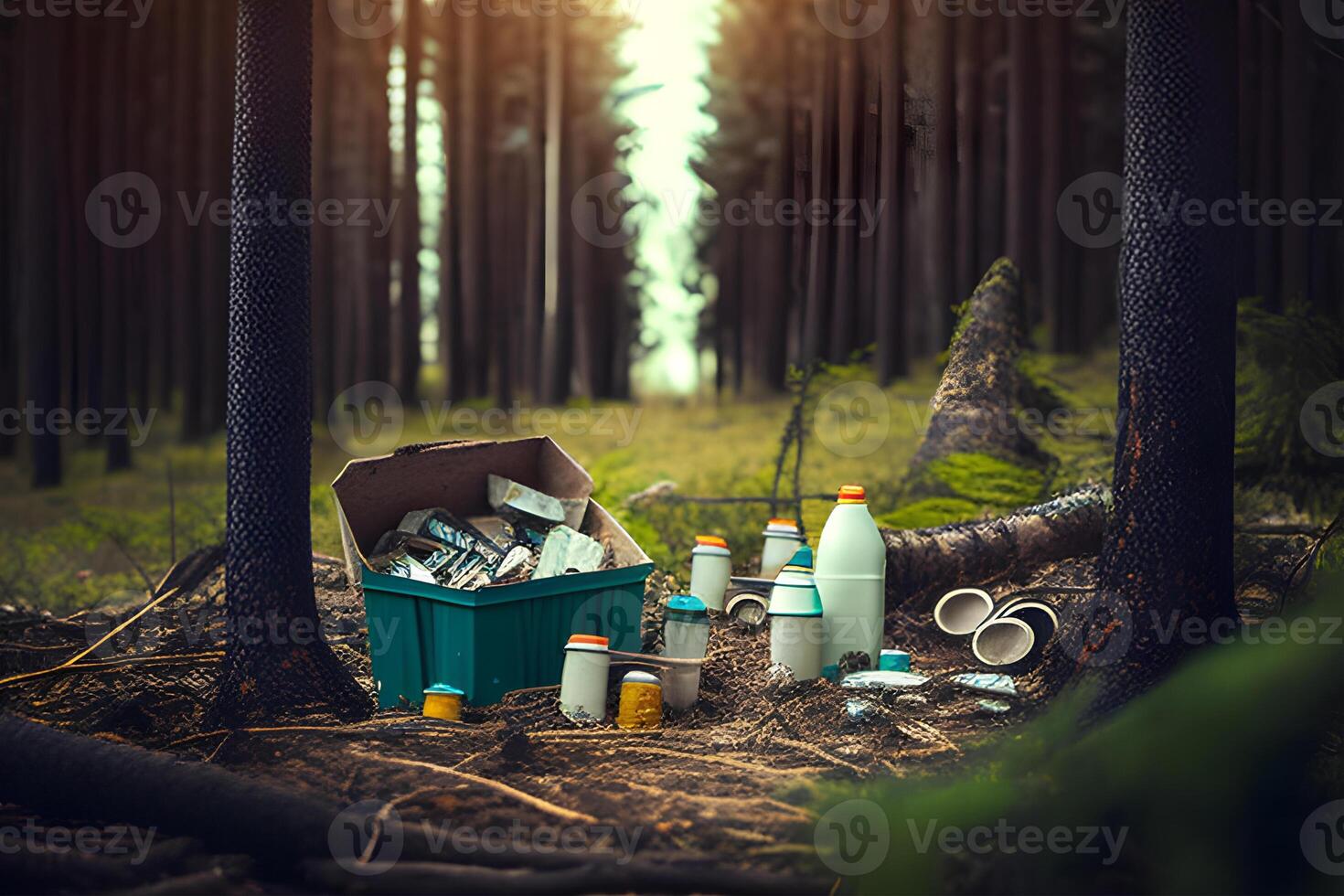 verde spazzatura bidone nel il giungla per raccolta differenziata. generativo ai. foto