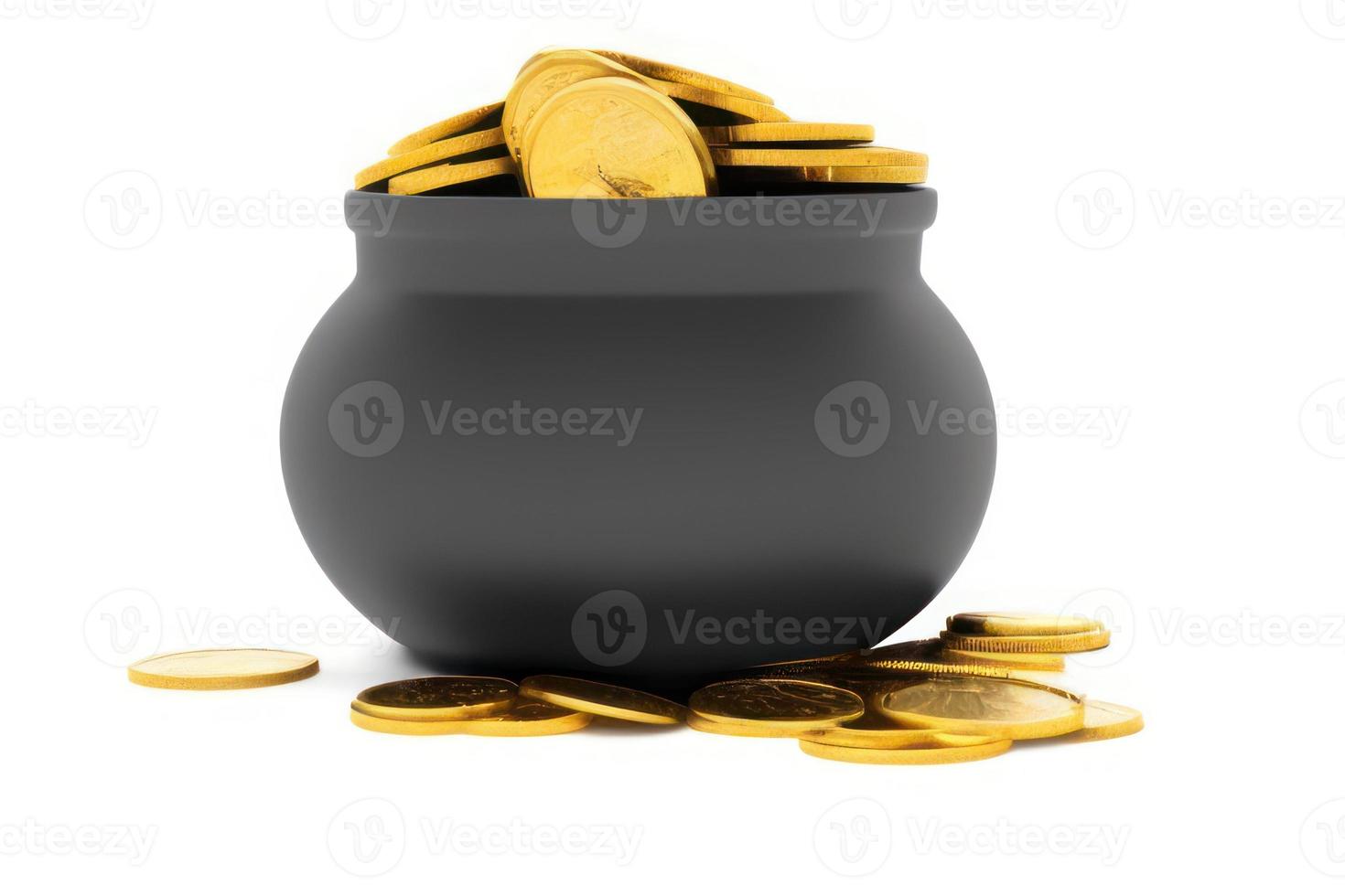 oro moneta nel il nero pentola su il bianca sfondo, 3d illustrazione foto