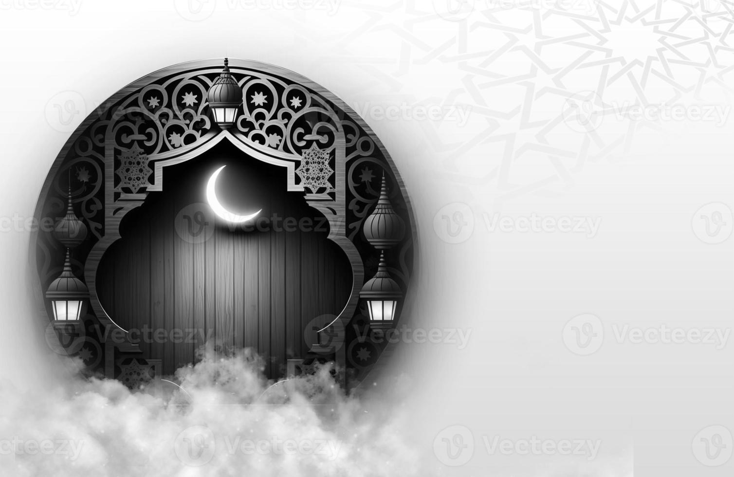 un' nero e bianca Immagine di un' porta con un' Luna e il testo Ramadan . un' sfondo per Ramadan. sociale media messaggi .musulmano santo mese Ramadan kareem .Ramadan mubarak bellissimo saluto carta foto