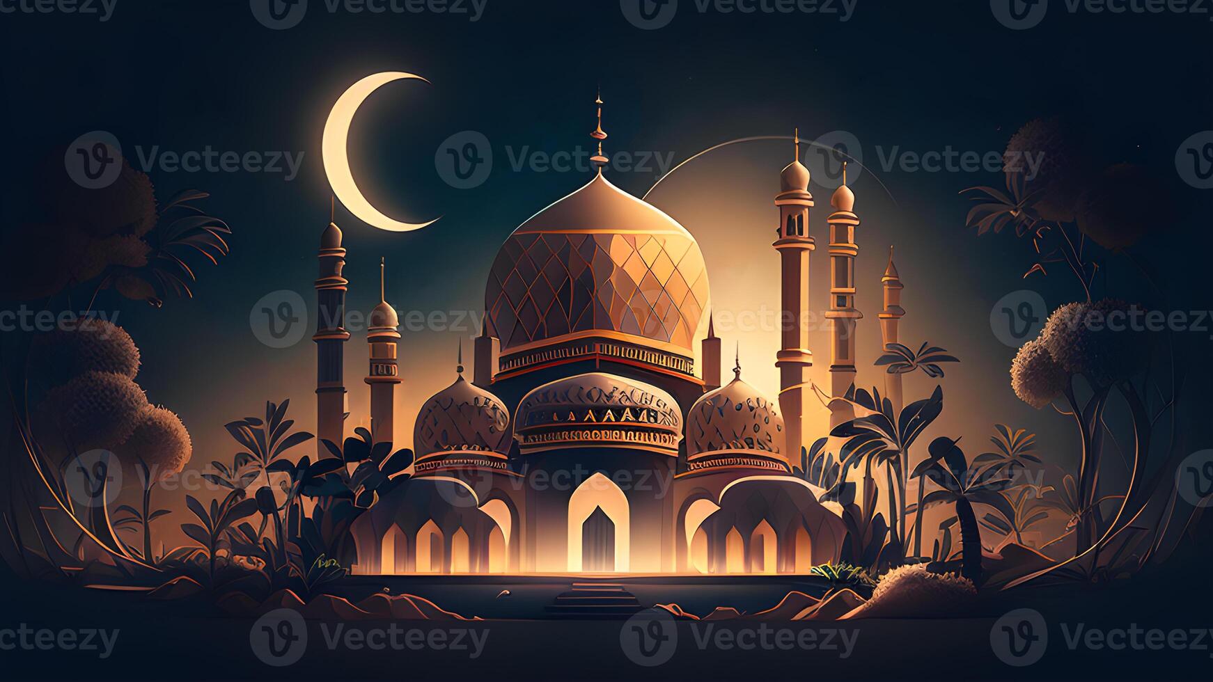 primavera Ramadan kareem e eid storico moschea e Luna buio notte Visualizza sfondo. generativo ai. foto