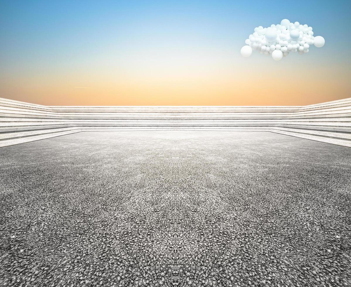 Basso Visualizza curvo passo edificio terrazza con largo senza equipaggio asfalto pavimento, con Palloncino nube cielo sfondo. foto