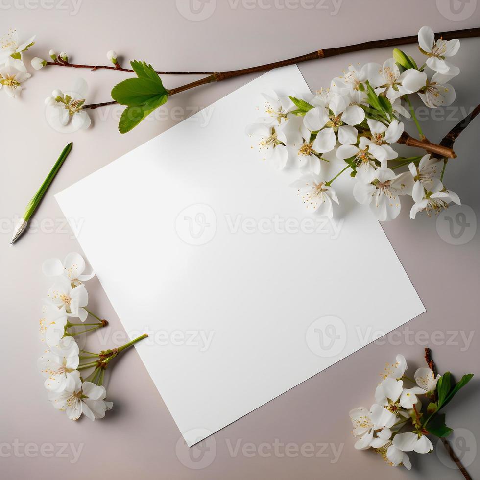 cattura il bellezza di fiori. alto Prodotto fotografia di orizzontale vuoto carta con circostante fioriture foto