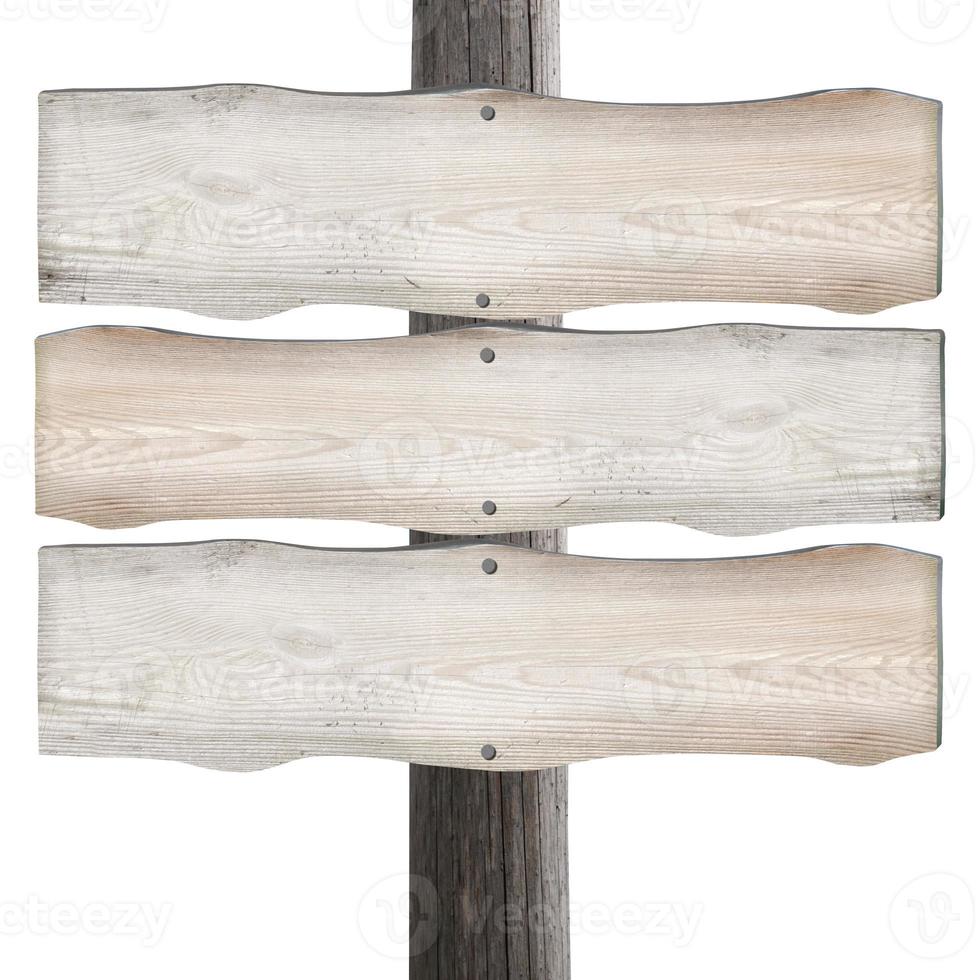 tre di legno tavole su inviare isolato su bianca sfondo foto