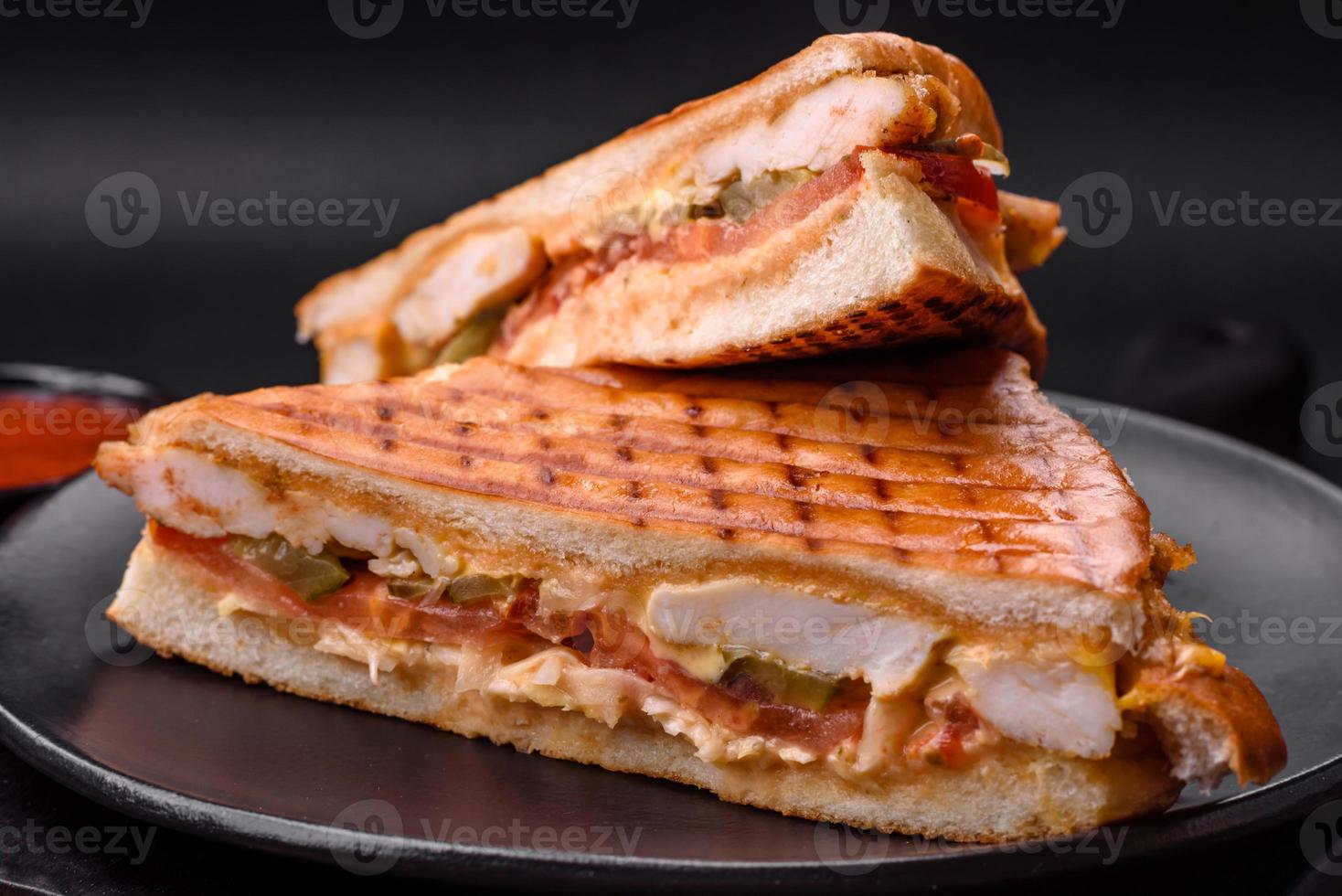 delizioso croccante Sandwich con pollo Seno, pomodori, ketchup e spezie foto