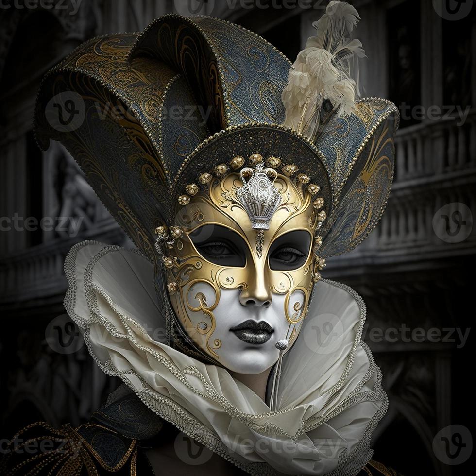 Ritratto di un uomo in un tradizionale costume di carnevale veneziano con  maschera e ornamenti generativo ai