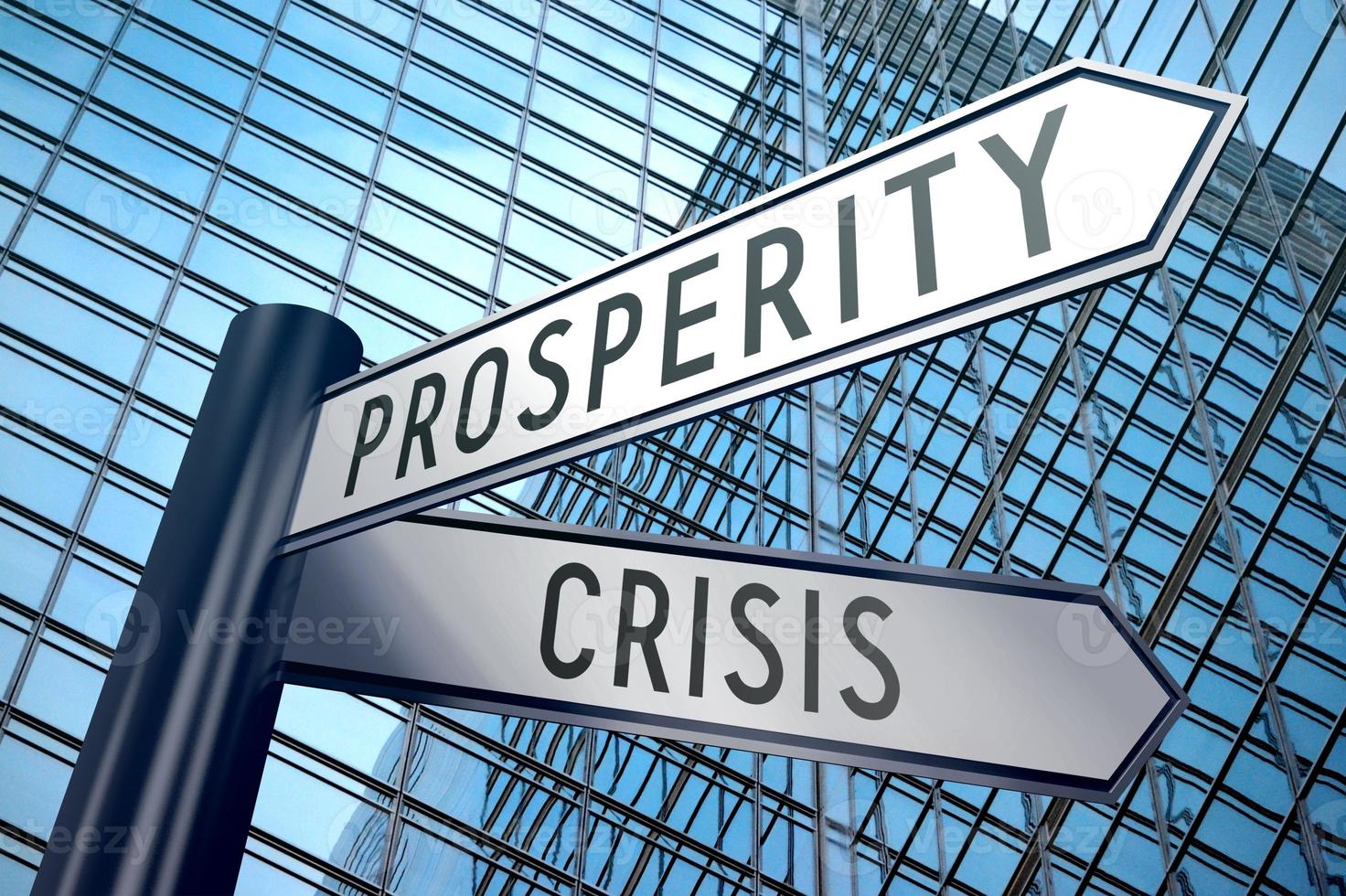 crisi e prosperità - cartello stradale con Due frecce, ufficio edificio nel sfondo foto