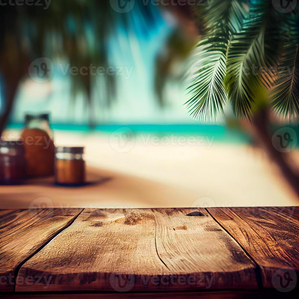 vecchio di legno tavolo superiore su sfocato spiaggia sfondo con Noce di cocco palma foglia. concetto vacanza, estate, spiaggia, mare - ai generato Immagine foto