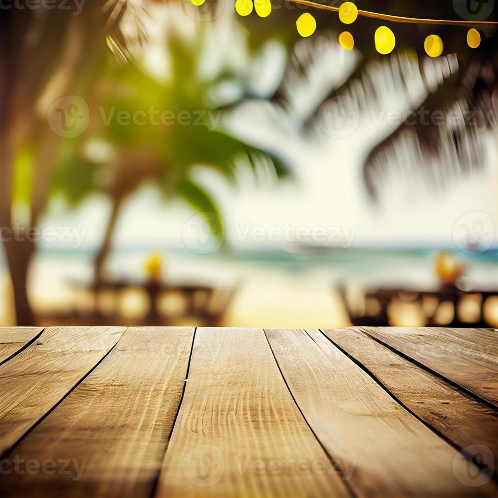 vecchio di legno tavolo superiore su sfocato spiaggia sfondo con Noce di cocco palma foglia. concetto vacanza, estate, spiaggia, mare - ai generato Immagine foto