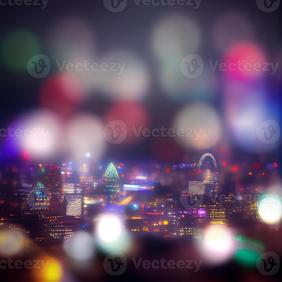 città notte paesaggio bokeh, sfocato illustrazione, urbano paesaggio a crepuscolo tempo - ai generato Immagine foto