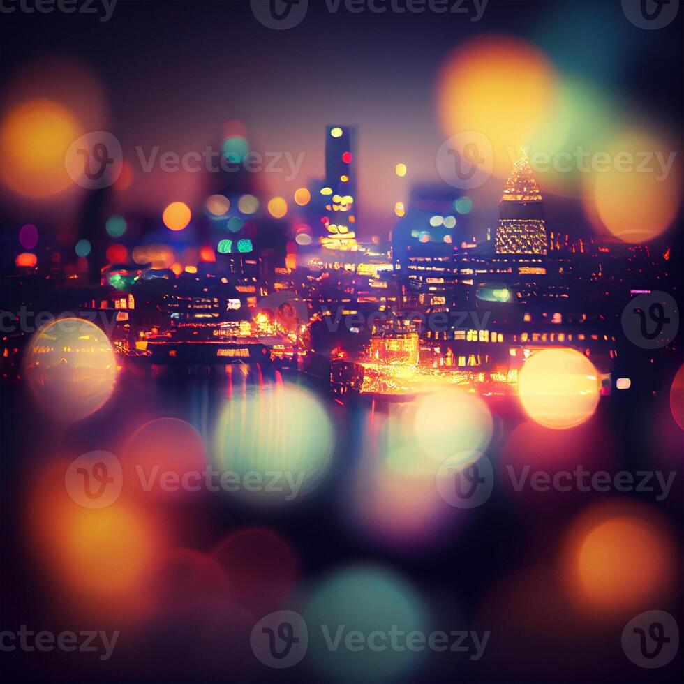 città notte paesaggio bokeh, sfocato illustrazione, urbano paesaggio a crepuscolo tempo - ai generato Immagine foto