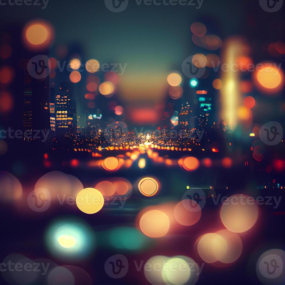 città notte paesaggio bokeh, sfocato illustrazione, urbano paesaggio a crepuscolo tempo - ai generato Immagine foto