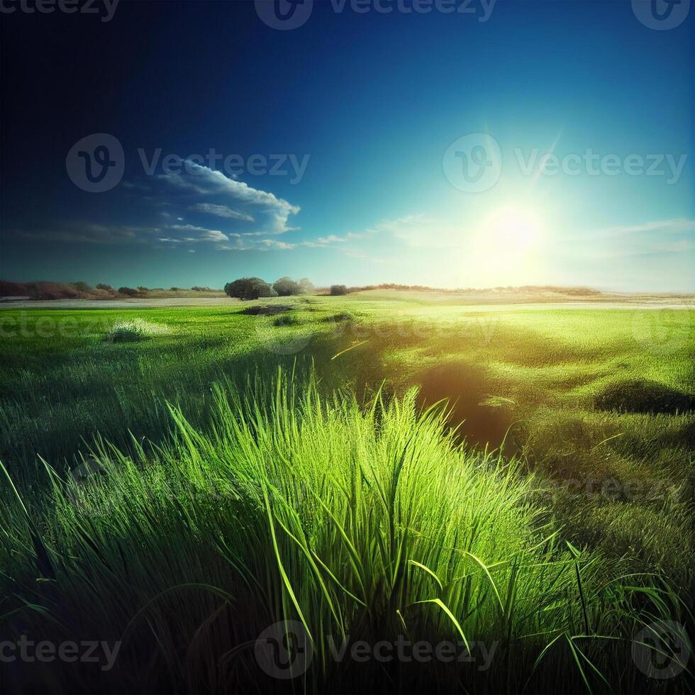 luminosa sole brilla su verde mattina erboso prato, luminosa blu cielo - ai generato Immagine foto