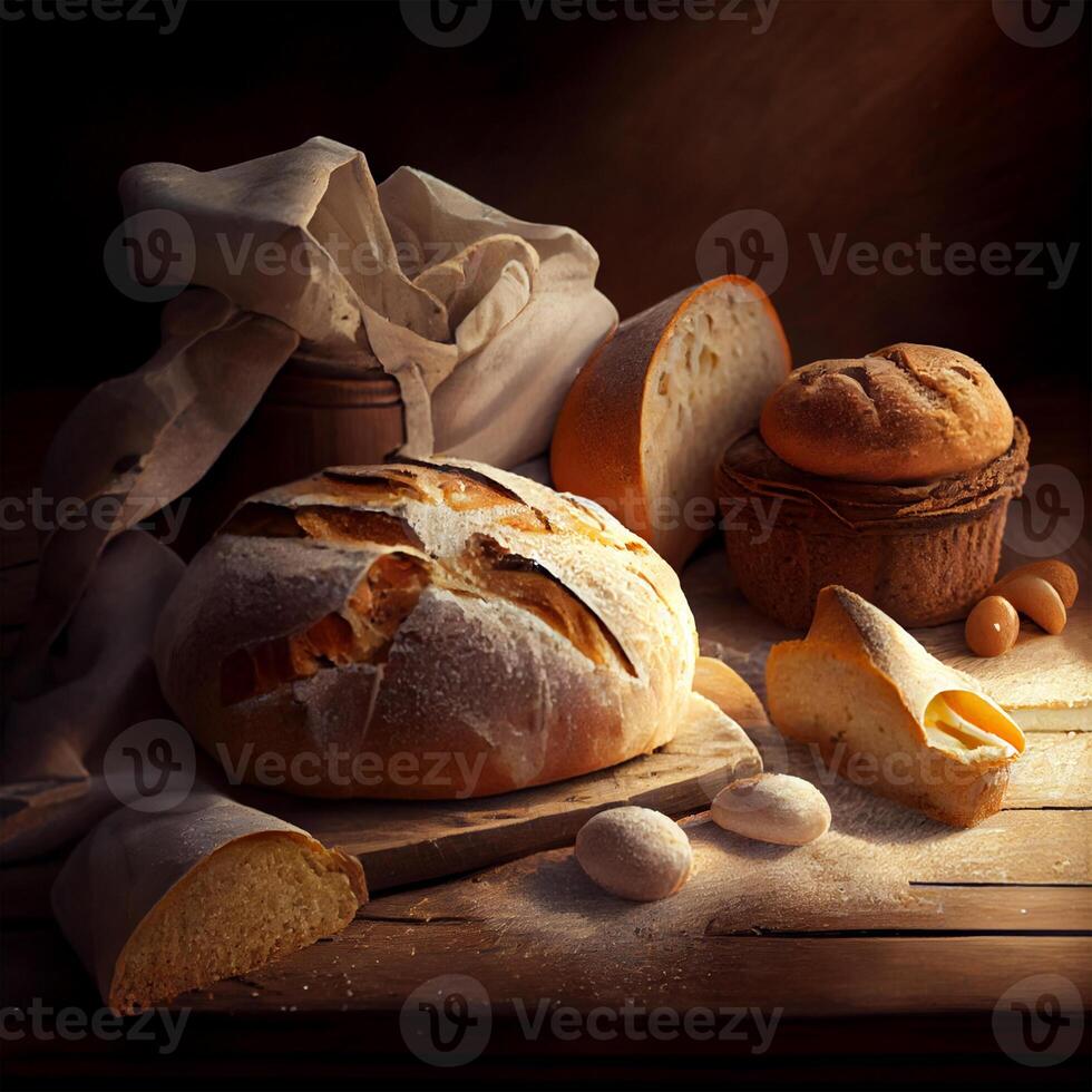 fatti in casa fresco lievito pane, buio sfondo - ai generato Immagine foto