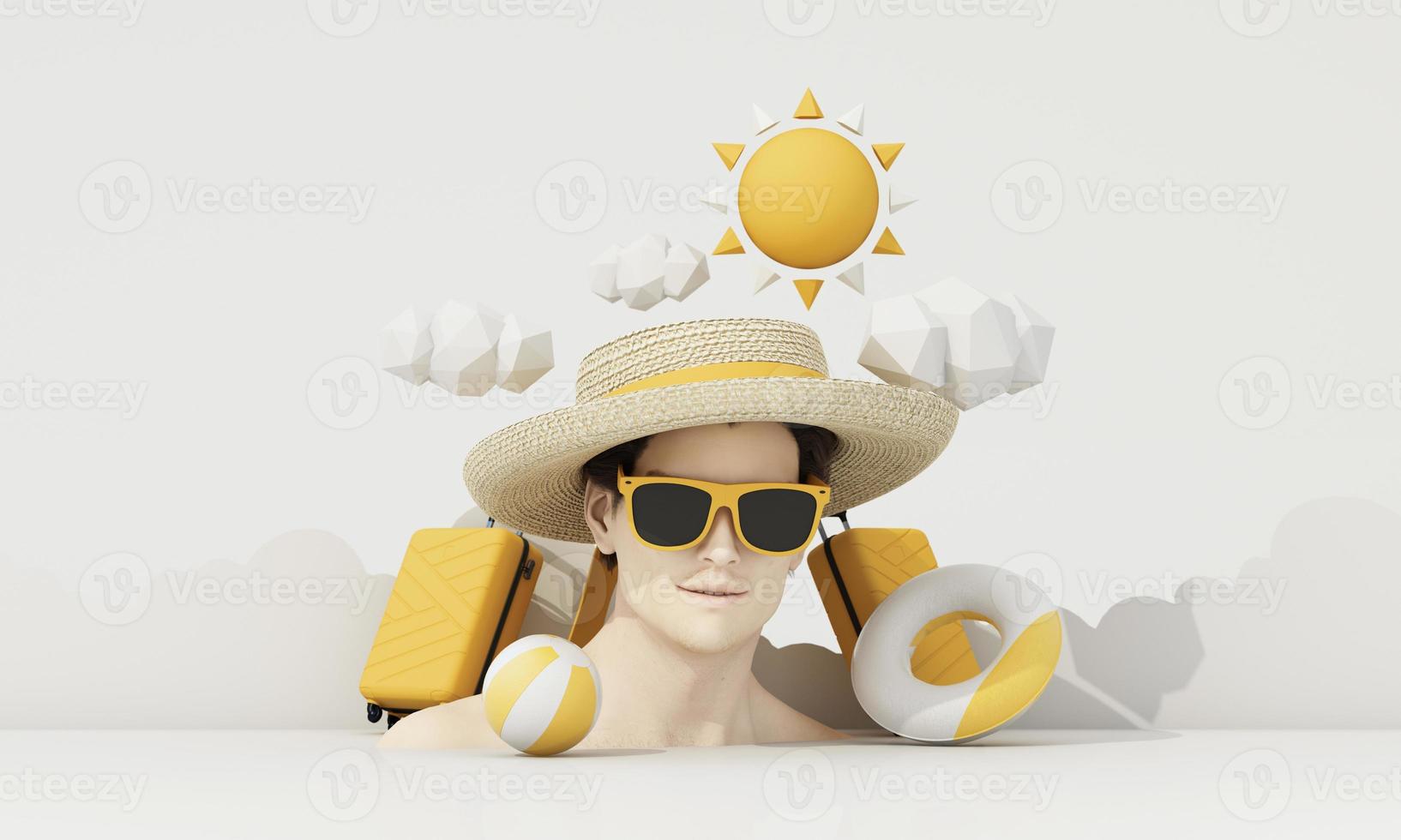 modello di un' salutare maschio viso indossare un' cappello e occhiali da sole nel il concetto di estate viaggio e il mare su un' bianca sfondo, cartone animato stile. 3d interpretazione foto