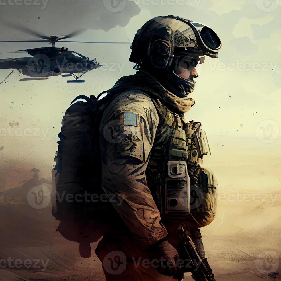 soldato su il sfondo di battagliero, sfocato sfondo - ai generato Immagine foto