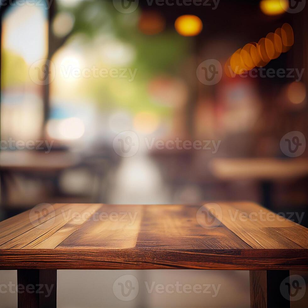 di legno tavolo superiore nel bar sfocato bokeh sfondo - ai generato Immagine foto