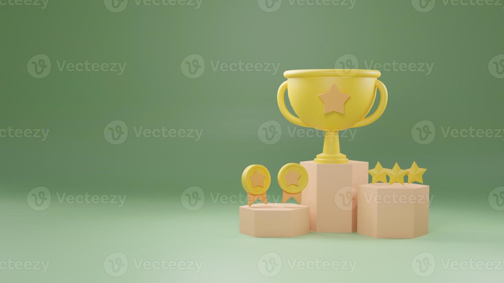 podio vincitori con tazze, oro vincitori e oro stelle, primo e secondo posto e terzo posto vincente trofei nel cerimonia podio cartone animato stile, 3d interpretazione foto