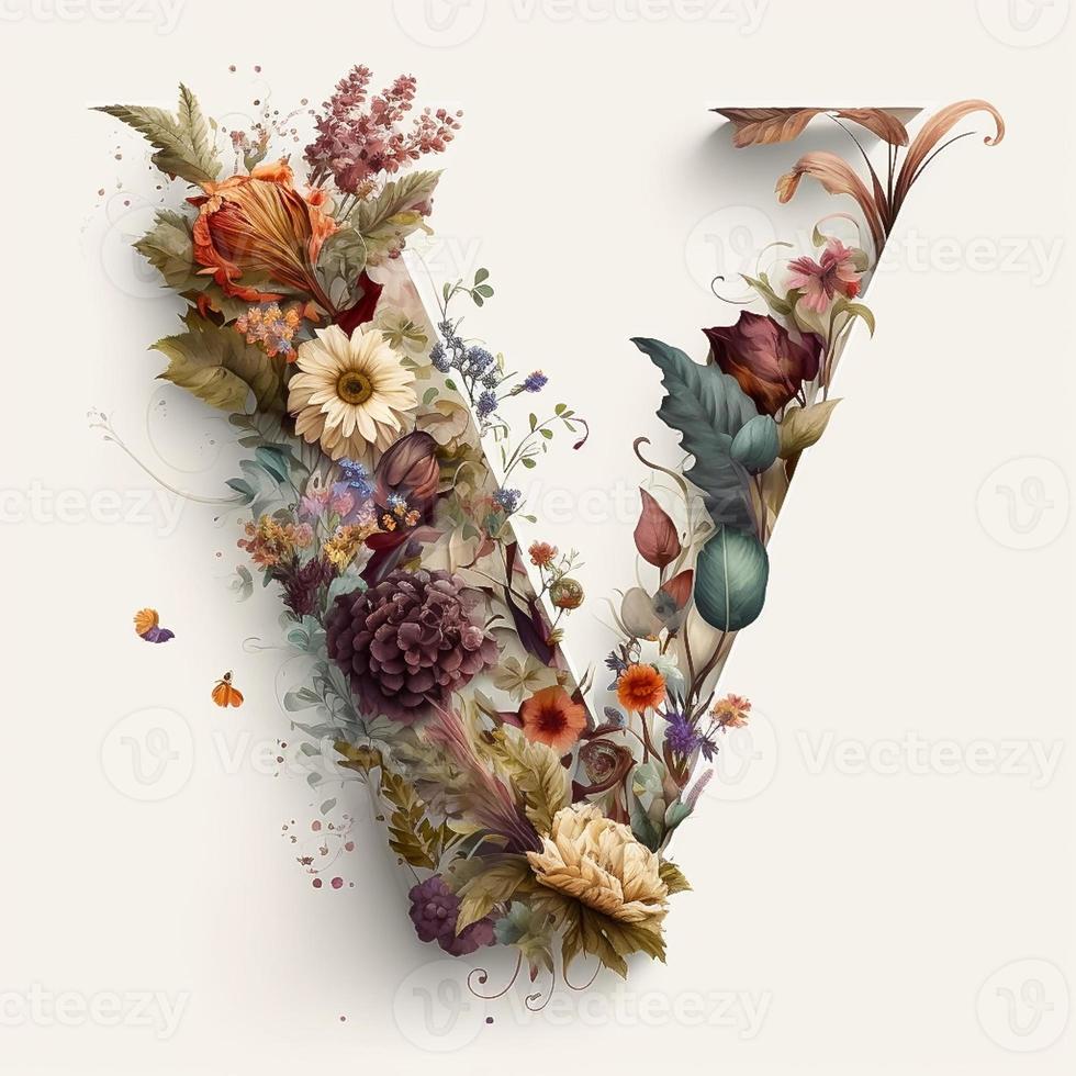 lettera v contenente fiori su un' bianca sfondo foto