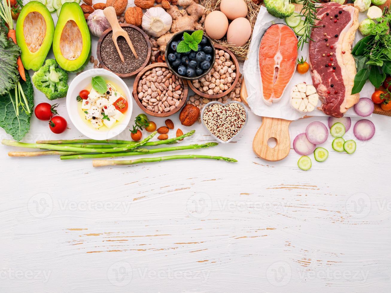 concetto di dieta chetogenica a basso contenuto di carboidrati. ingredienti per la selezione di cibi sani impostati su fondo di legno bianco. foto