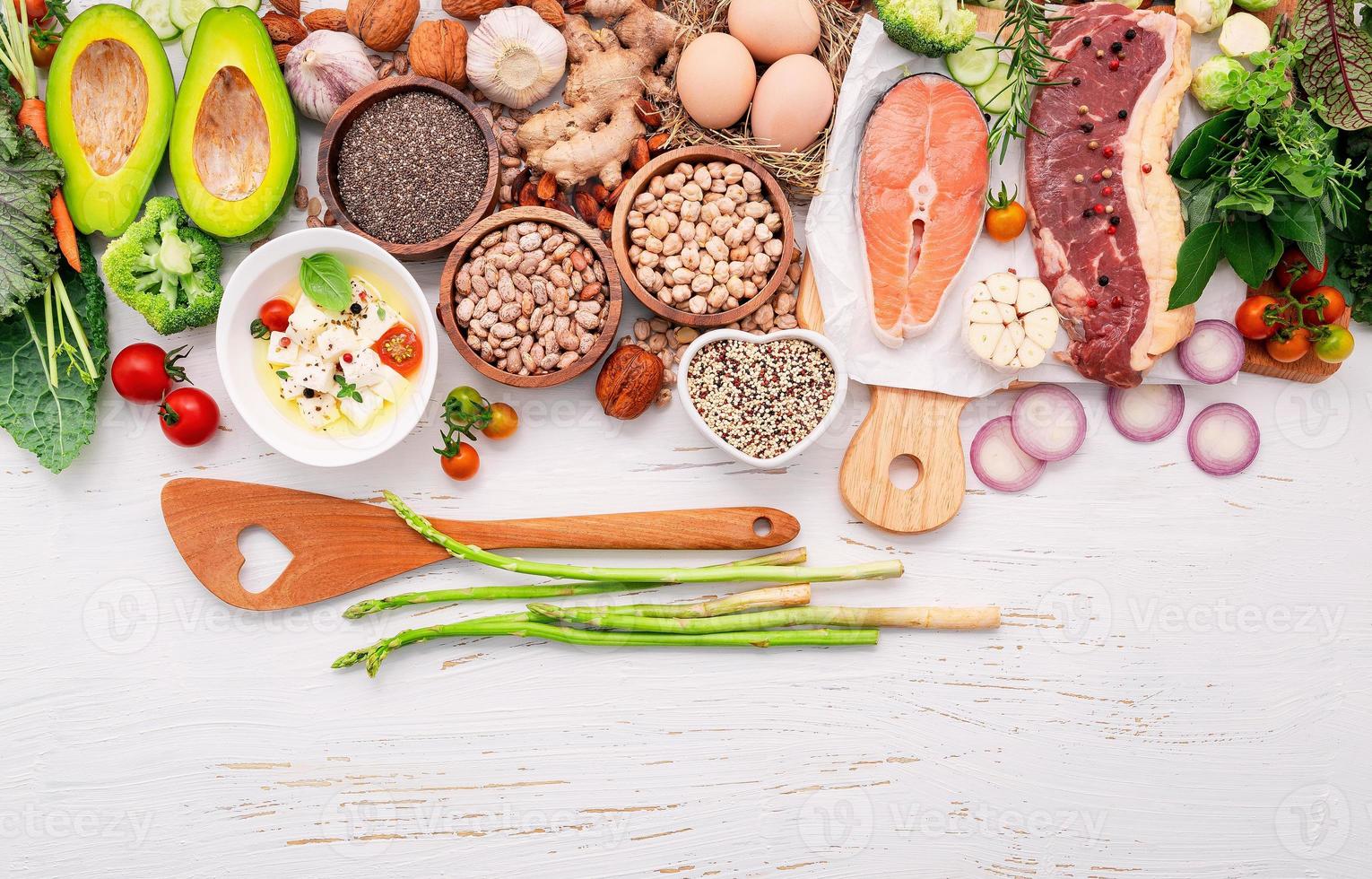 concetto di dieta chetogenica a basso contenuto di carboidrati. ingredienti per la selezione di cibi sani impostati su fondo di legno bianco. foto