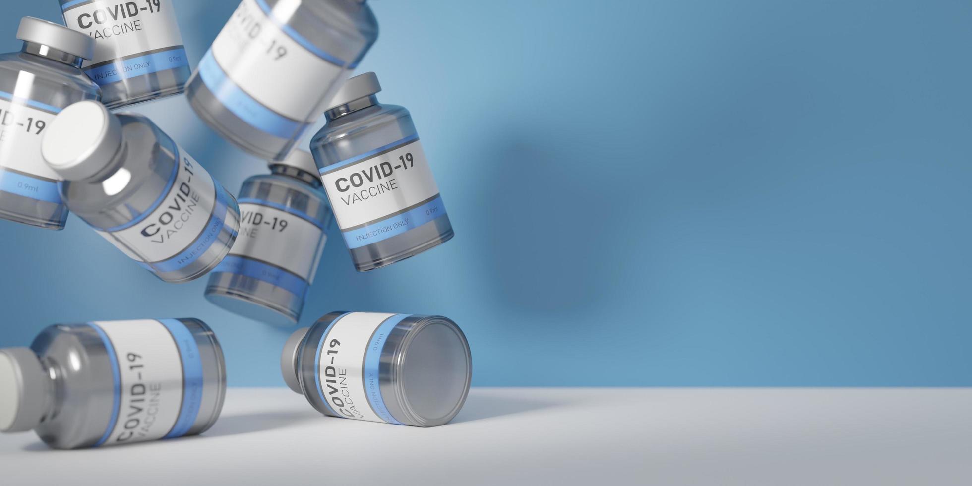 vaccino contro il coronavirus su un tavolo bianco con uno sfondo blu, rendering 3d foto