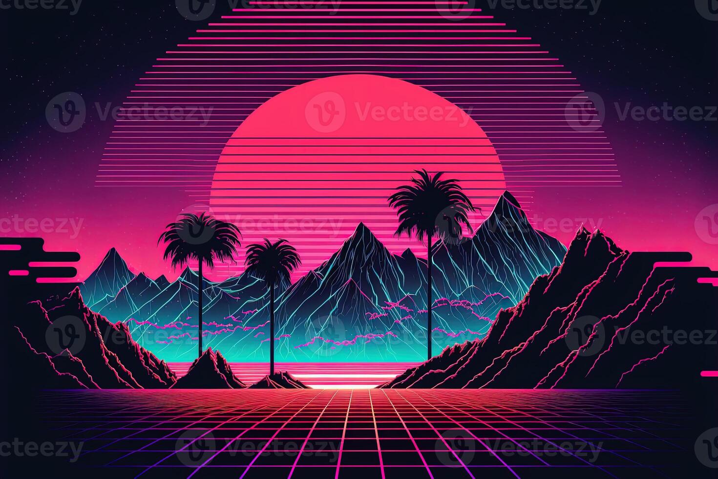 generativo ai, retrò stile, nostalgico anni 80, anni 90. notte paesaggio, tramonto colori, scifi, retrowave Vintage ▾ illustrazione. sole, montagne, strada e alberi. digitale retrò informatica superficie. foto