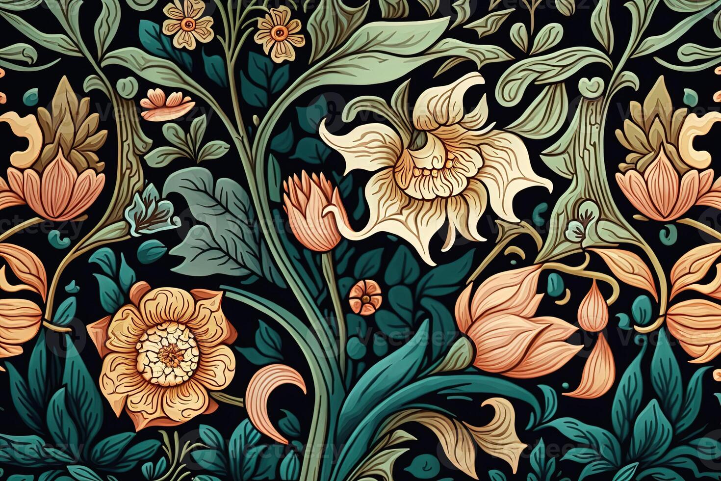 generativo ai, floreale colorato modello. William morris ispirato naturale impianti e fiori sfondo, Vintage ▾ illustrazione. fogliame ornamento. foto