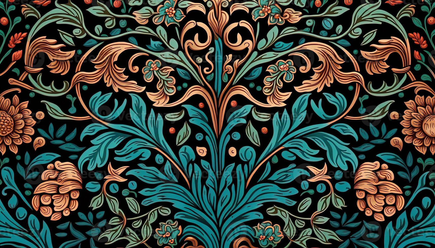 generativo ai, floreale colorato modello. William morris ispirato naturale impianti e fiori sfondo, Vintage ▾ illustrazione. fogliame ornamento. foto