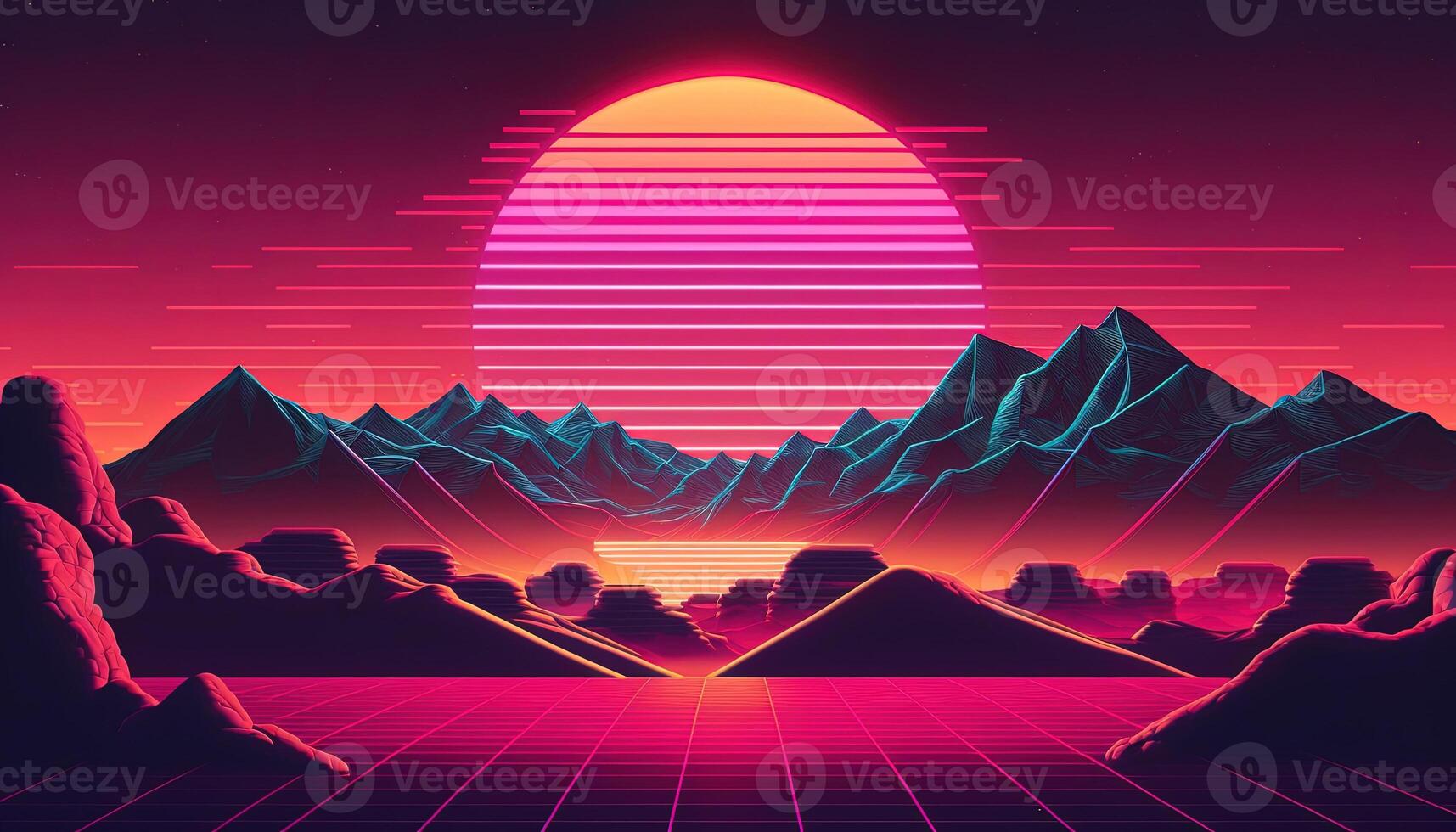 generativo ai, retrò stile, nostalgico anni 80, anni 90. notte paesaggio, tramonto colori, scifi, retrowave Vintage ▾ illustrazione. sole, montagne, strada e alberi. digitale retrò informatica superficie. foto