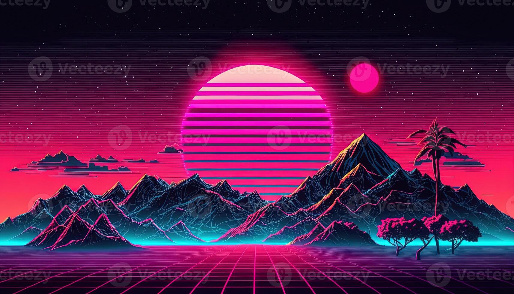 generativo ai, retrò stile, nostalgico anni 80, anni 90. notte paesaggio, tramonto colori, scifi, retrowave Vintage ▾ illustrazione. sole, montagne, strada e alberi. digitale retrò informatica superficie. foto