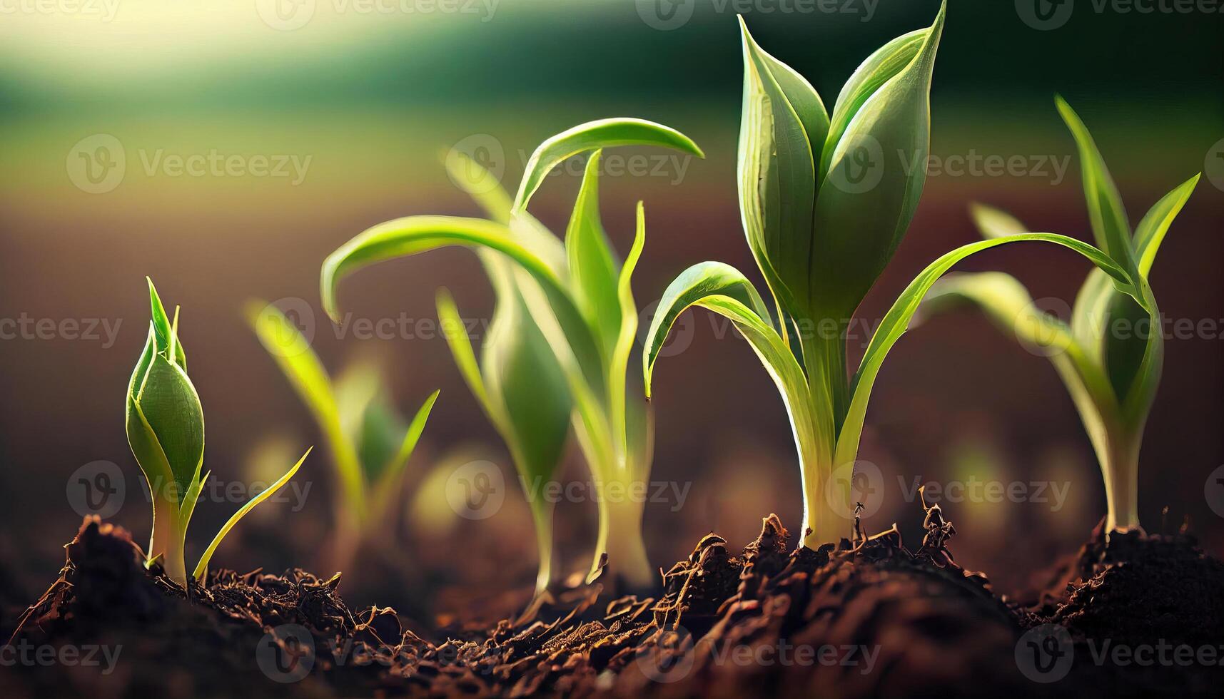 generativo ai, giovane pianta in crescita nel luce del sole a partire dal il terra, macro fotorealistico illustrazione, agricolo verdura. natura biologico salutare azienda agricola cibo concetto, orizzontale striscione. foto