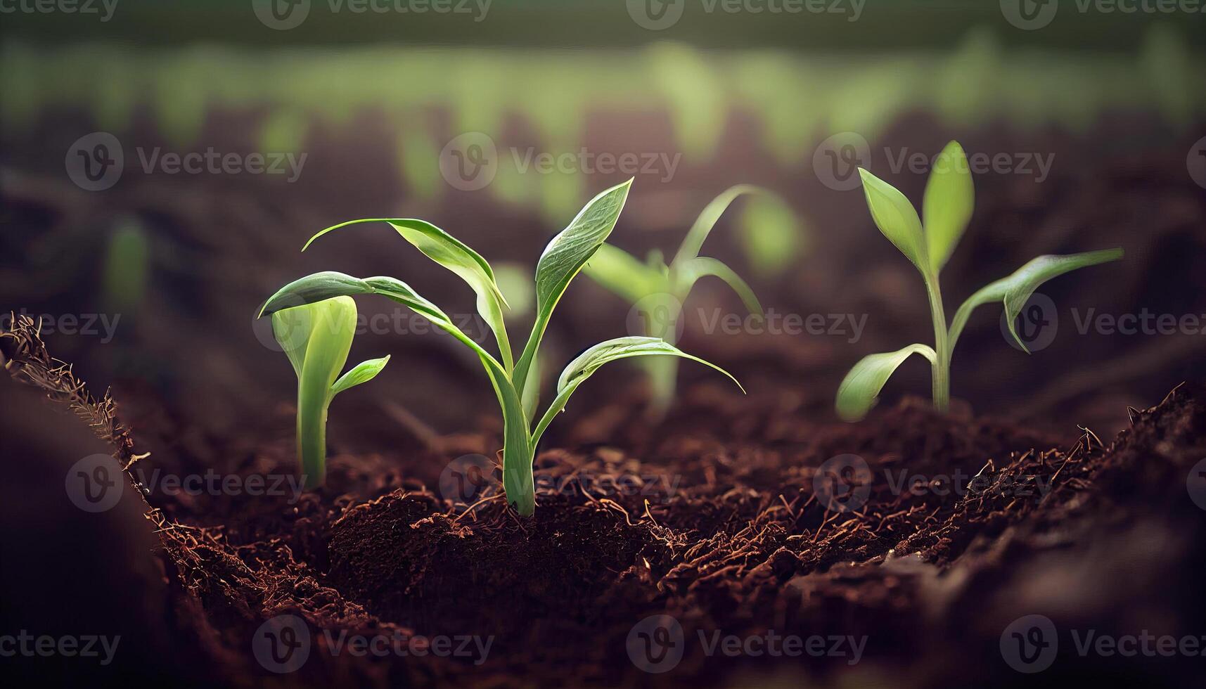 generativo ai, giovane pianta in crescita nel luce del sole a partire dal il terra, macro fotorealistico illustrazione, agricolo verdura. natura biologico salutare azienda agricola cibo concetto, orizzontale striscione. foto